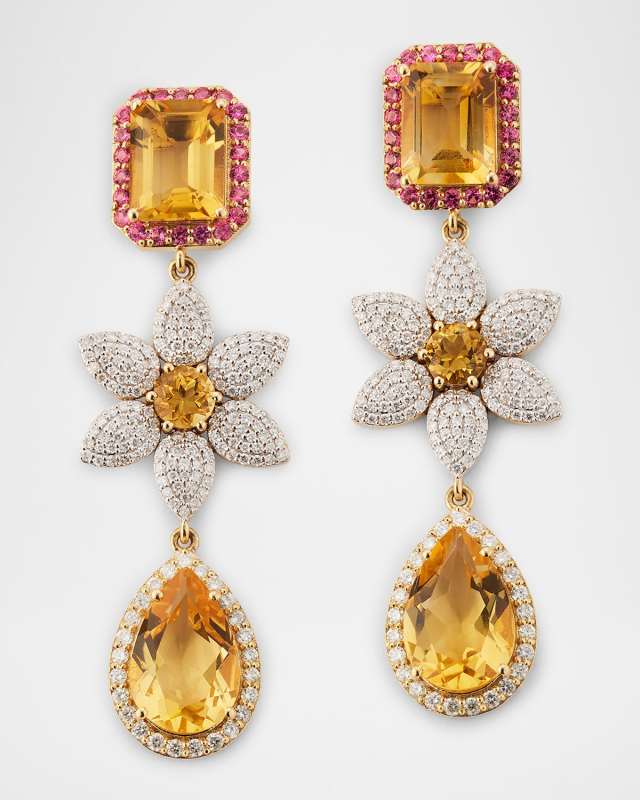 14K Yellow Gold Diamond, Citrine and Pink Spinel Daisy Drop Earrings